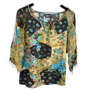 Bila Woman Top Patchwork 3/4 Sleeves Embellished Multicolor Size 1X Boho Cottage